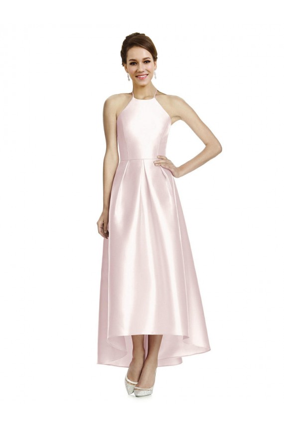 Rose Trapèze Bretelles spaghetti Satiné Longue Asymétrique Robes demoiselle d'honneur Prix Réduit