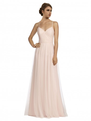 Rose Trapèze Bretelles spaghetti Tulle Longue Robes demoiselle d'honneur Prix Réduit