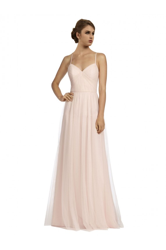 Rose Trapèze Bretelles spaghetti Tulle Longue Robes demoiselle d'honneur Prix Réduit