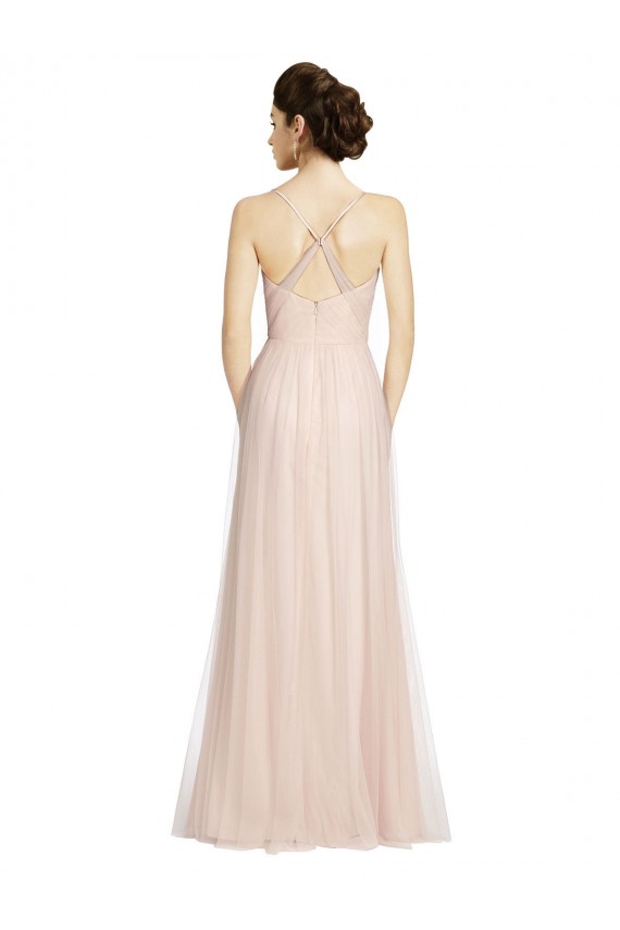 Rose Trapèze Bretelles spaghetti Tulle Longue Robes demoiselle d'honneur Prix Réduit