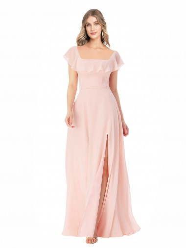Rose Trapèze Col Carré Mousseline Longue Robes demoiselle d'honneur Prix Réduit