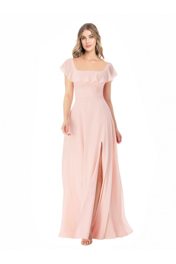 Rose Trapèze Col Carré Mousseline Longue Robes demoiselle d'honneur Prix Réduit