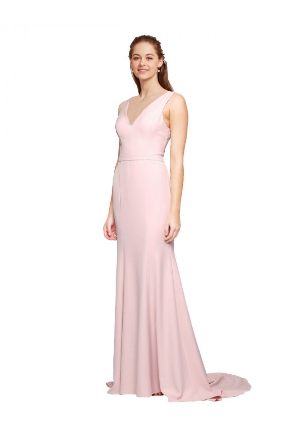 Rose Trapèze Col V Balayage train Crêpe Stretch Longue Robes demoiselle d'honneur / Robes de bal Prix Réduit