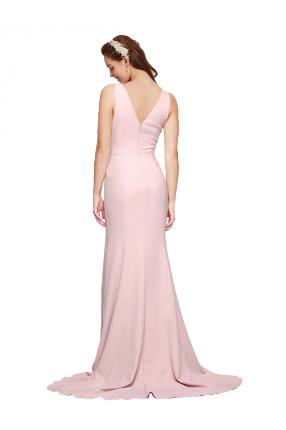 Rose Trapèze Col V Balayage train Crêpe Stretch Longue Robes demoiselle d'honneur / Robes de bal Prix Réduit