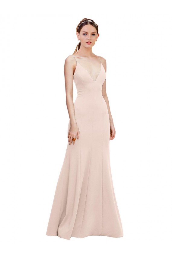 Rose Trapèze Col V Crêpe Stretch Longue Formelles Robes demoiselle d'honneur / Robes de soirée / Robes de bal Prix Réduit