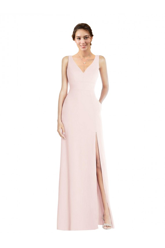 Rose Trapèze Col V Crêpe Stretch Longue Robes demoiselle d'honneur / Robes de bal Prix Réduit