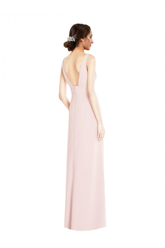 Rose Trapèze Col V Crêpe Stretch Longue Robes demoiselle d'honneur / Robes de bal Prix Réduit