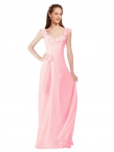 Rose Trapèze Col V Mousseline Longue Robes demoiselle d'honneur Prix Réduit