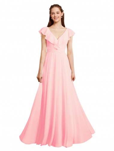 Rose Trapèze Col V Mousseline Longue Robes demoiselle d'honneur Prix Réduit