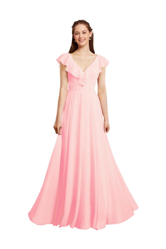 Rose Trapèze Col V Mousseline Longue Robes demoiselle d'honneur Prix Réduit