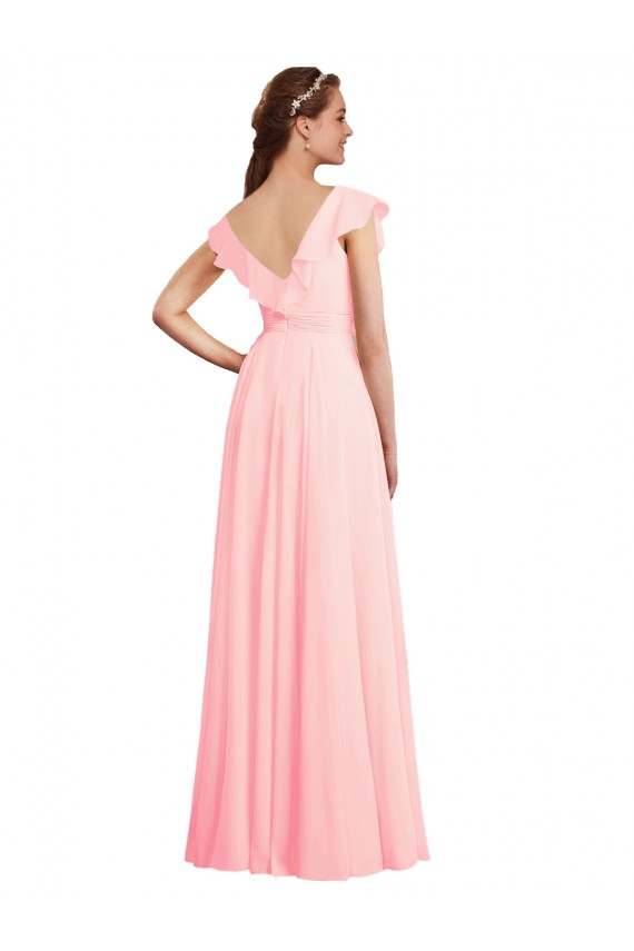 Rose Trapèze Col V Mousseline Longue Robes demoiselle d'honneur Prix Réduit