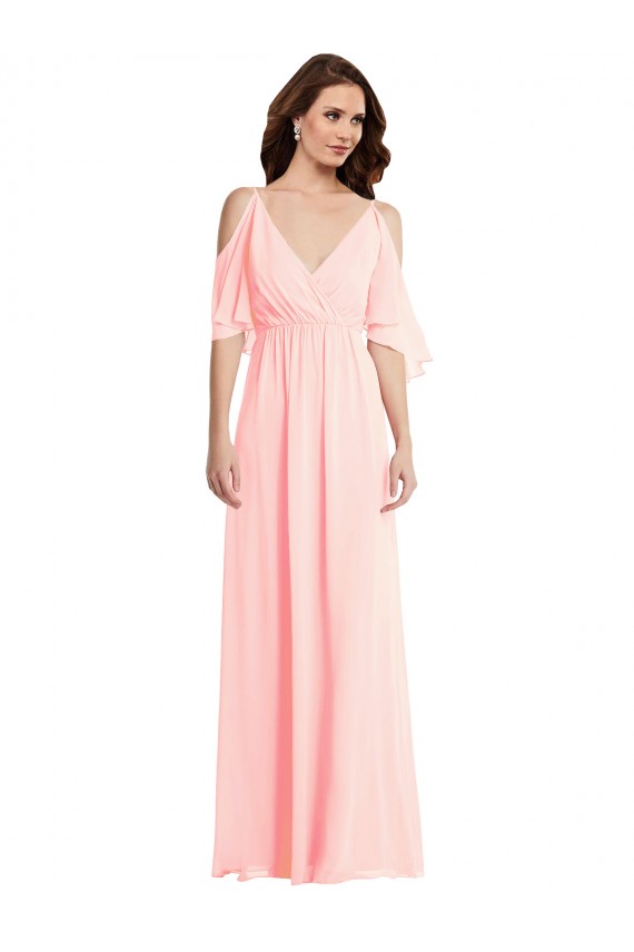Rose Trapèze Col V Mousseline Longue Robes demoiselle d'honneur Prix Réduit