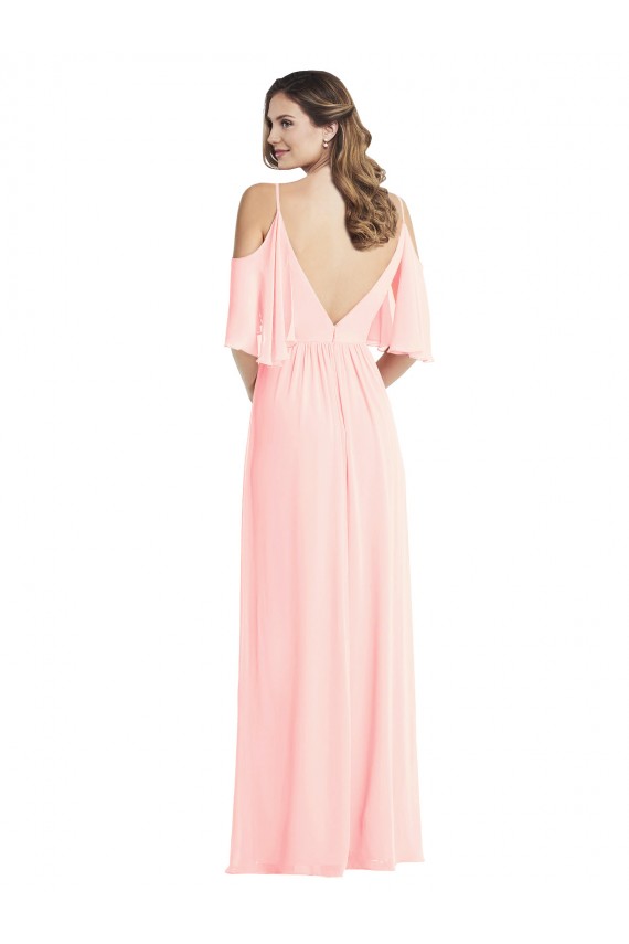 Rose Trapèze Col V Mousseline Longue Robes demoiselle d'honneur Prix Réduit
