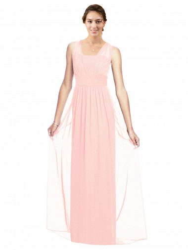 Rose Trapèze Col V Mousseline Longue Robes demoiselle d'honneur Prix Réduit