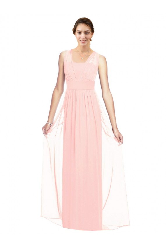 Rose Trapèze Col V Mousseline Longue Robes demoiselle d'honneur Prix Réduit