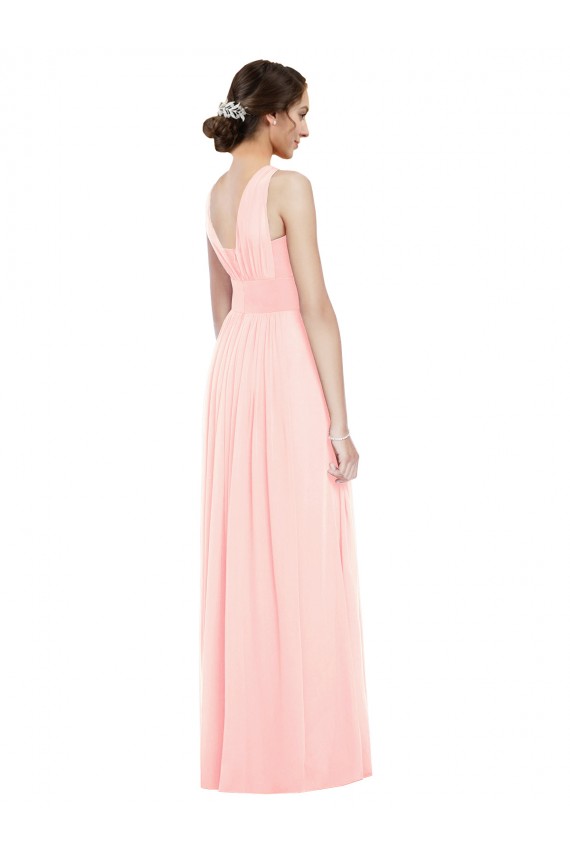 Rose Trapèze Col V Mousseline Longue Robes demoiselle d'honneur Prix Réduit