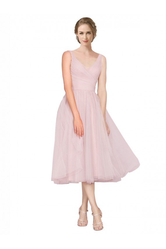 Rose Trapèze Col V Tulle Courte Robes demoiselle d'honneur / Robes de cocktail Prix Réduit
