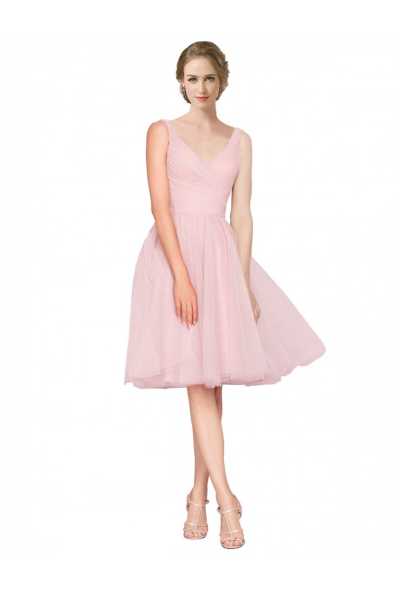 Rose Trapèze Col V Tulle Courte Robes demoiselle d'honneur / Robes de cocktail Prix Réduit