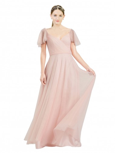 Rose Trapèze Col V Tulle Longue Robes demoiselle d'honneur Prix Réduit