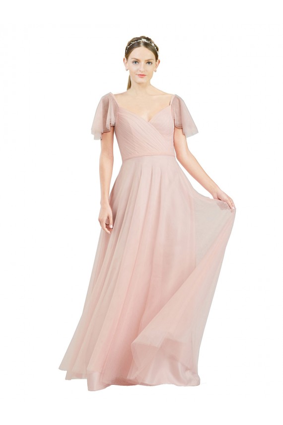 Rose Trapèze Col V Tulle Longue Robes demoiselle d'honneur Prix Réduit