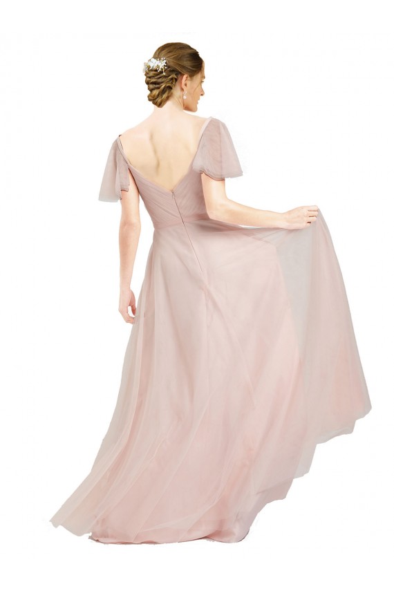 Rose Trapèze Col V Tulle Longue Robes demoiselle d'honneur Prix Réduit