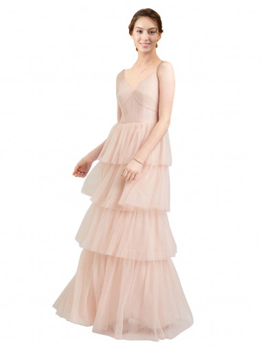 Rose Trapèze Col V Tulle Longue Robes demoiselle d'honneur Prix Réduit