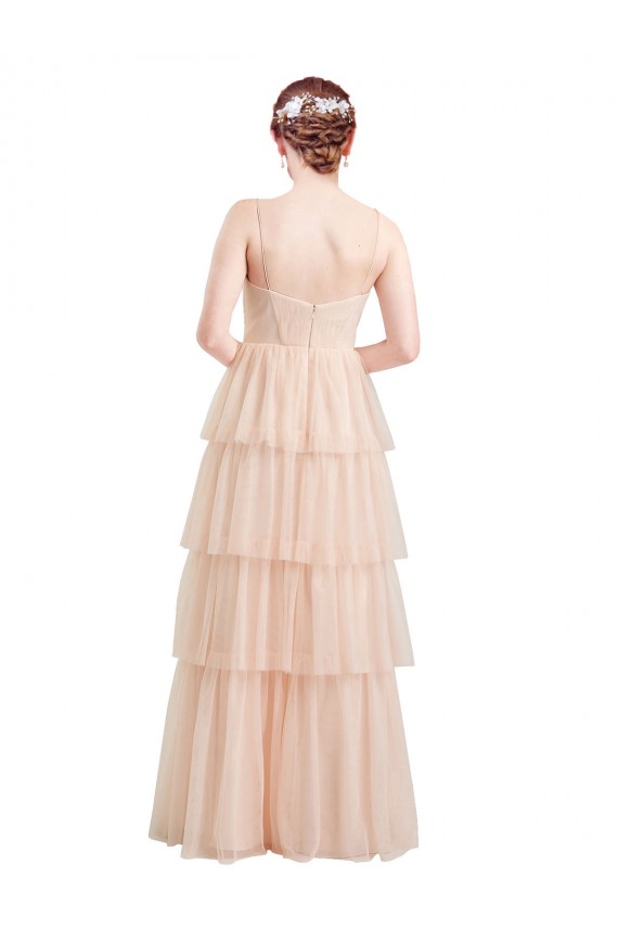 Rose Trapèze Col V Tulle Longue Robes demoiselle d'honneur Prix Réduit