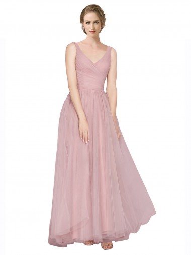 Rose Trapèze Col V Tulle Longue Robes demoiselle d'honneur Prix Réduit