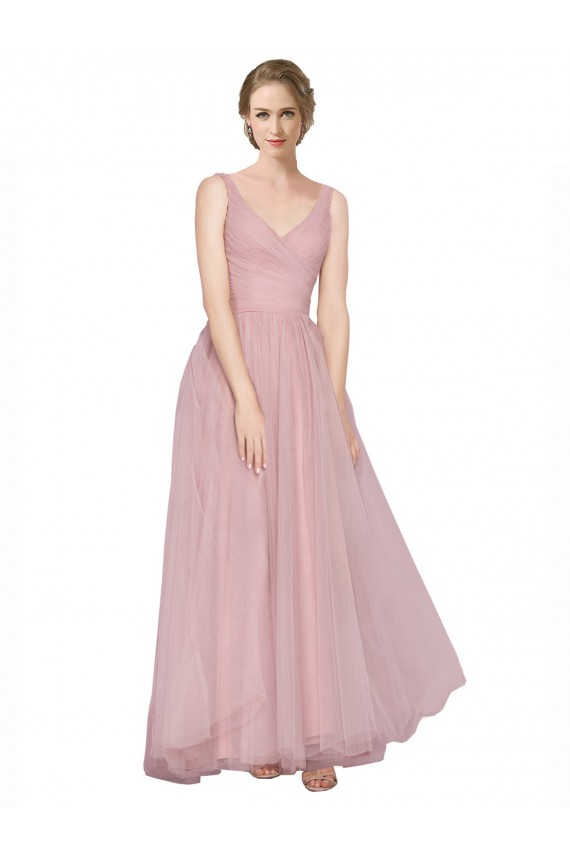 Rose Trapèze Col V Tulle Longue Robes demoiselle d'honneur Prix Réduit