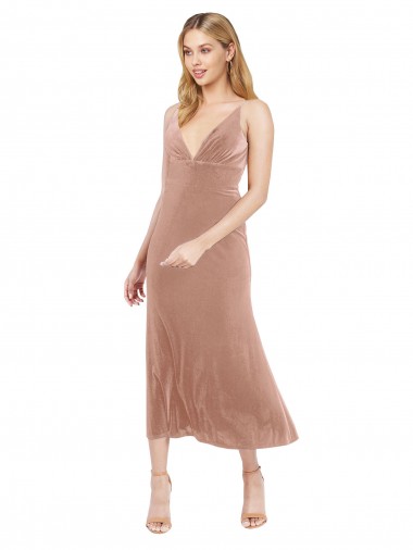Rose Trapèze Col V midi Velours Stretch Courte Robes demoiselle d'honneur / Robes de bal / Robes de cocktail Prix Réduit
