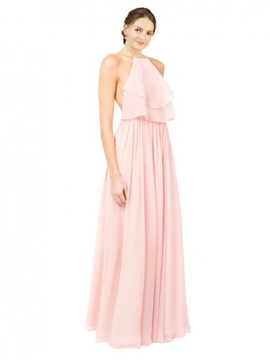 Rose Trapèze Licou Mousseline Longue Robes demoiselle d'honneur Prix Réduit