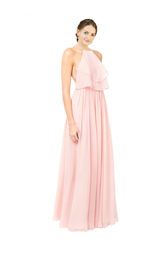 Rose Trapèze Licou Mousseline Longue Robes demoiselle d'honneur Prix Réduit