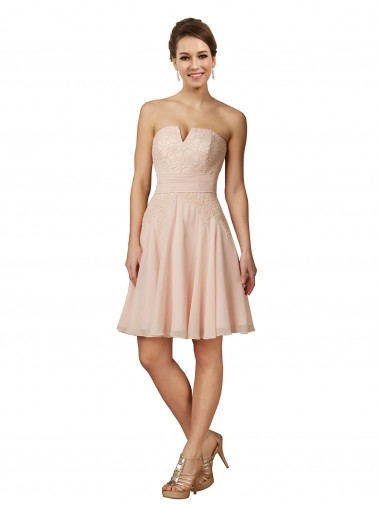 Rose Trapèze Mousseline Dentelle Courte Robes demoiselle d'honneur / Robes de cocktail Prix Réduit