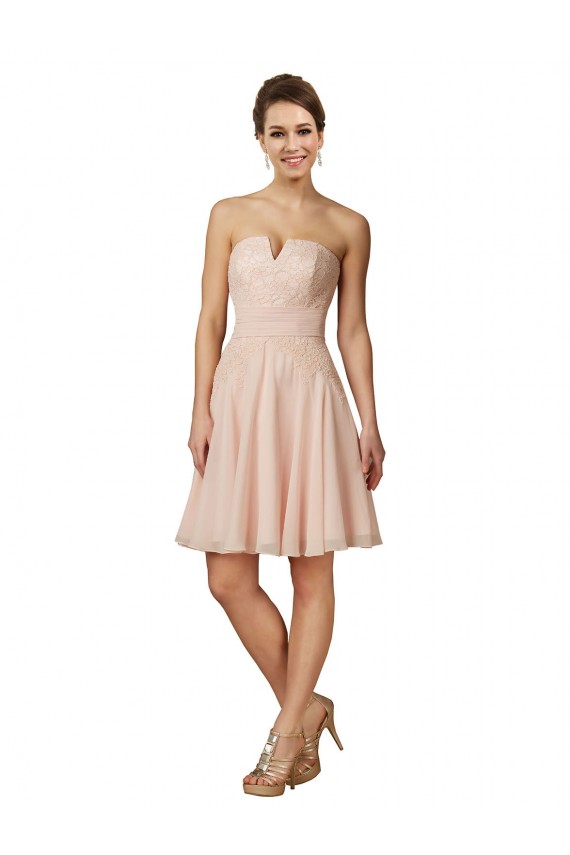 Rose Trapèze Mousseline Dentelle Courte Robes demoiselle d'honneur / Robes de cocktail Prix Réduit