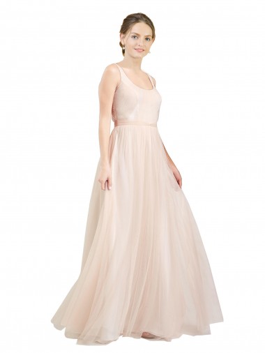 Rose Trapèze Scoop Tulle Longue Robes demoiselle d'honneur Prix Réduit