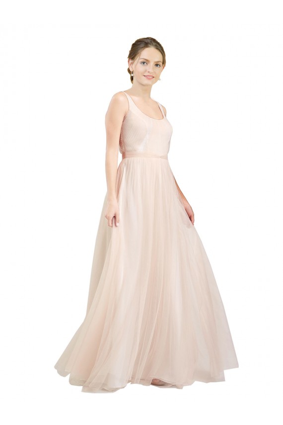 Rose Trapèze Scoop Tulle Longue Robes demoiselle d'honneur Prix Réduit
