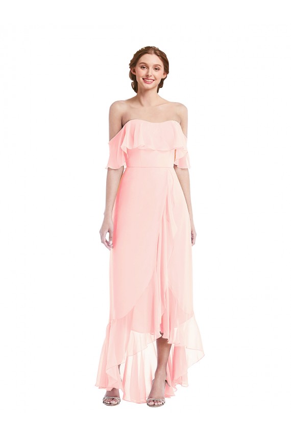 Rose Trapèze Épaule Dénudée Mousseline Longue Asymétrique Robes demoiselle d'honneur Prix Réduit