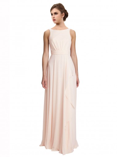 Rose crème Trapèze Bateau Col Haut Mousseline Longue Robes demoiselle d'honneur Prix Réduit