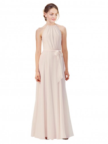 Rose crème Trapèze Bateau Col Haut Mousseline Longue Robes demoiselle d'honneur Prix Réduit