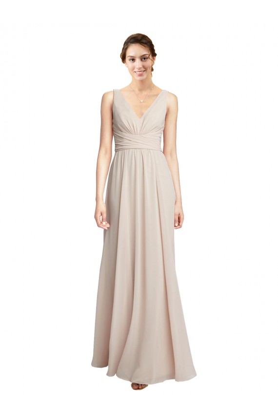 Rose crème Trapèze Col V Mousseline Longue Robes demoiselle d'honneur Prix Réduit