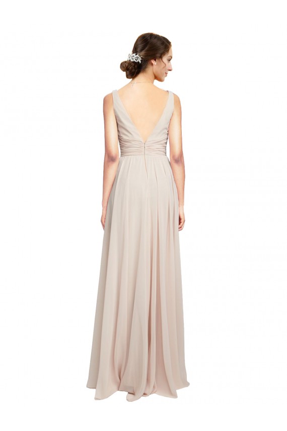 Rose crème Trapèze Col V Mousseline Longue Robes demoiselle d'honneur Prix Réduit