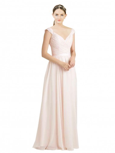 Rose crème Trapèze Mousseline Dentelle Longue Robes demoiselle d'honneur Prix Réduit