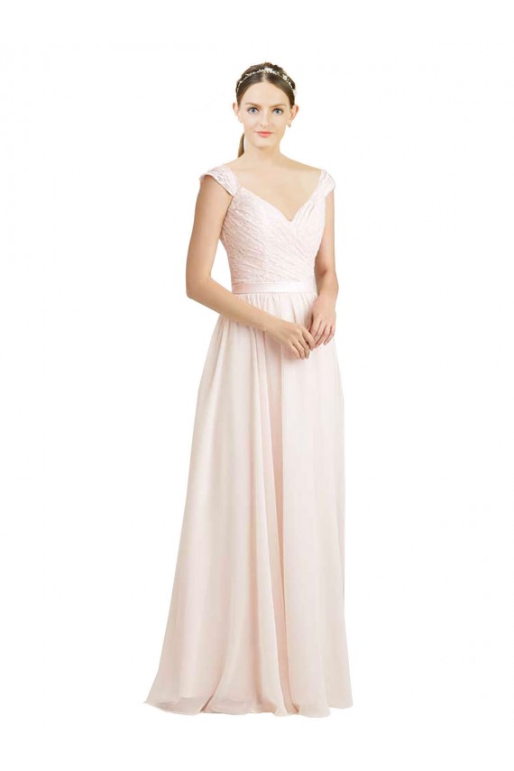 Rose crème Trapèze Mousseline Dentelle Longue Robes demoiselle d'honneur Prix Réduit