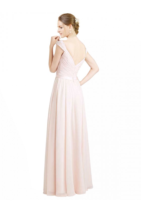Rose crème Trapèze Mousseline Dentelle Longue Robes demoiselle d'honneur Prix Réduit