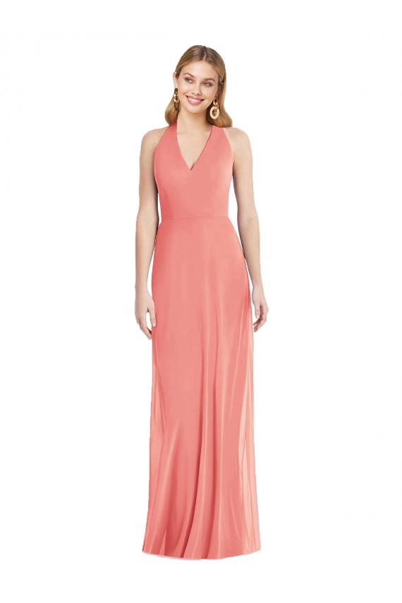 Rose du Désert Trompette Licou Col V Mousseline Longue Formelles Robes demoiselle d'honneur / Robes de soirée Prix Réduit
