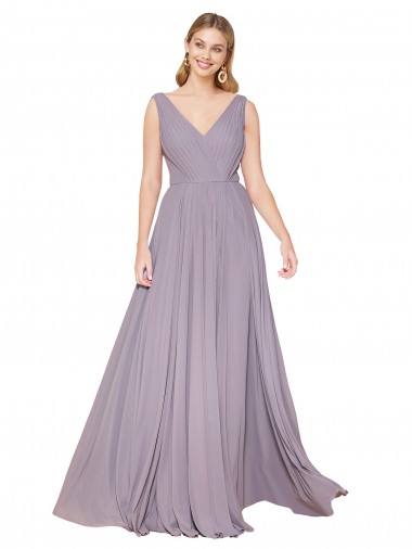 Rose poudré Trapèze Col V Mousseline Longue Formelles Robes demoiselle d'honneur / Robes de soirée / Robes de bal Prix Réduit