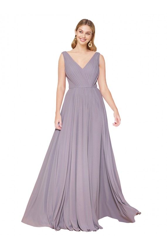 Rose poudré Trapèze Col V Mousseline Longue Formelles Robes demoiselle d'honneur / Robes de soirée / Robes de bal Prix Réduit