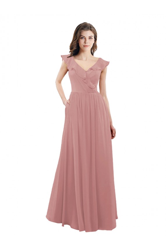 Rose poussiéreux Trapèze Col V Mousseline Longue Robes demoiselle d'honneur Prix Réduit