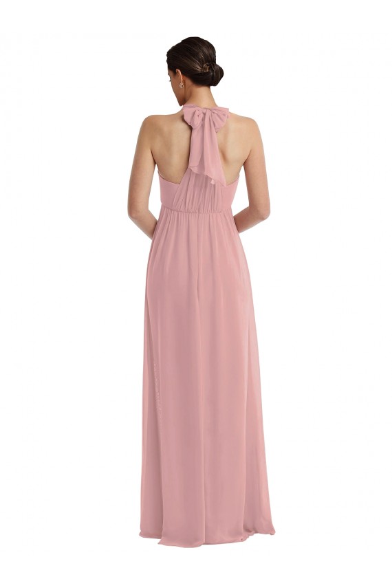 Rose poussiéreux Trapèze Licou Mousseline Longue Robes demoiselle d'honneur Prix Réduit