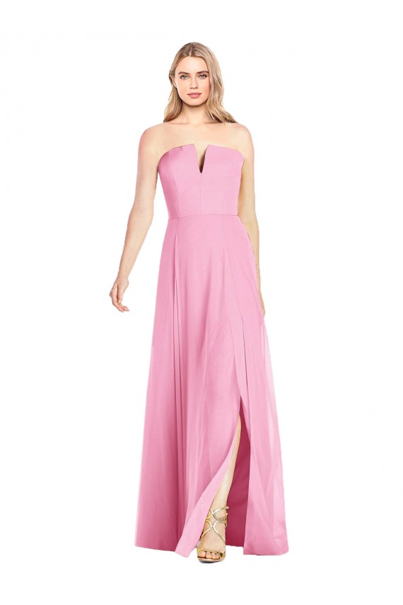 Rose vif Trompette Col V Sans bretelle Mousseline Longue Robes demoiselle d'honneur Prix Réduit
